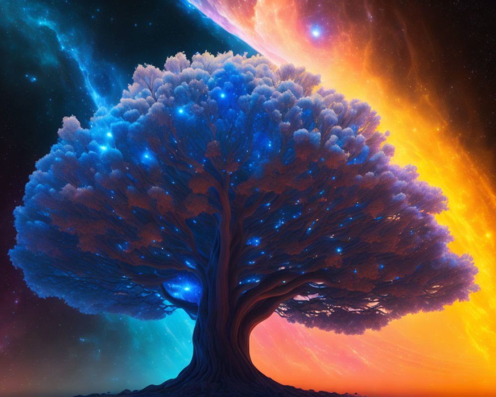 Majestic tree digital artwork with cosmic backdrop in blues and oranges