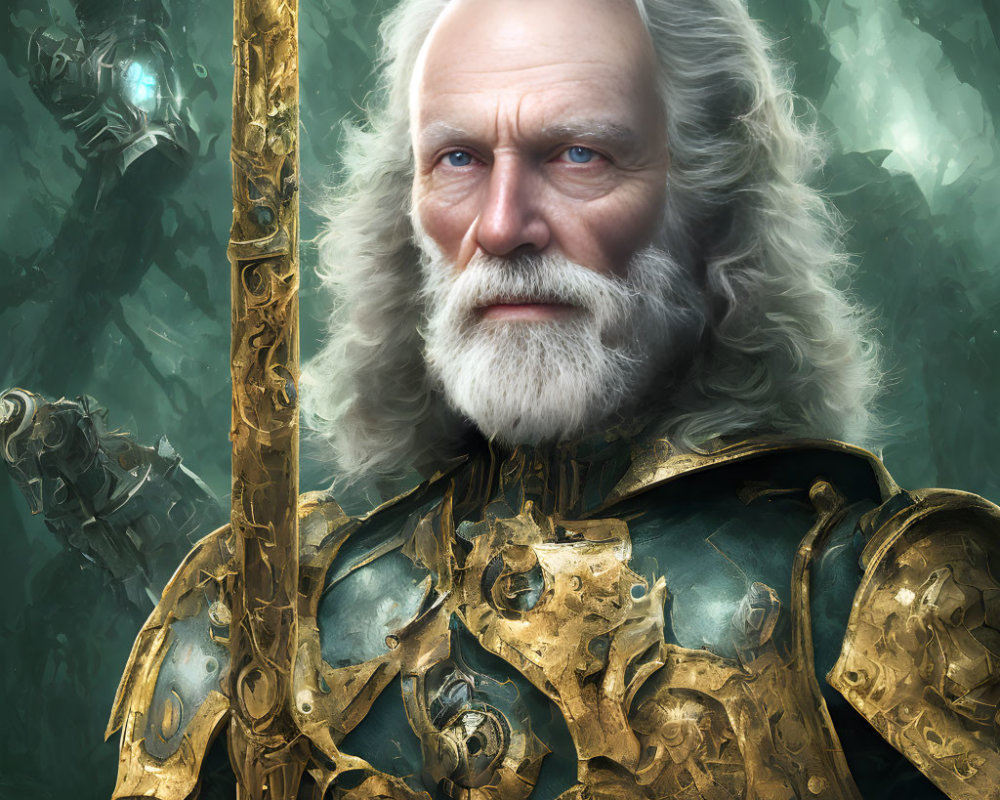 Elder knight in golden armor with white beard and spear in misty green backdrop