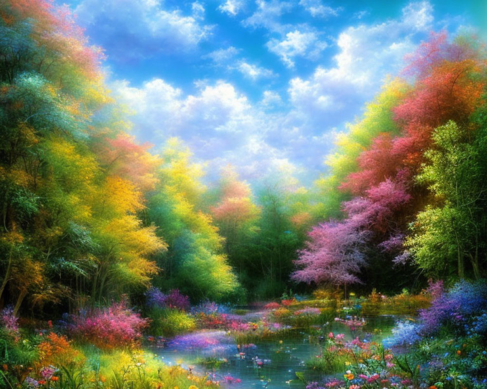 Colorful Trees, Pond, and Whimsical Flora in Vibrant Forest Landscape