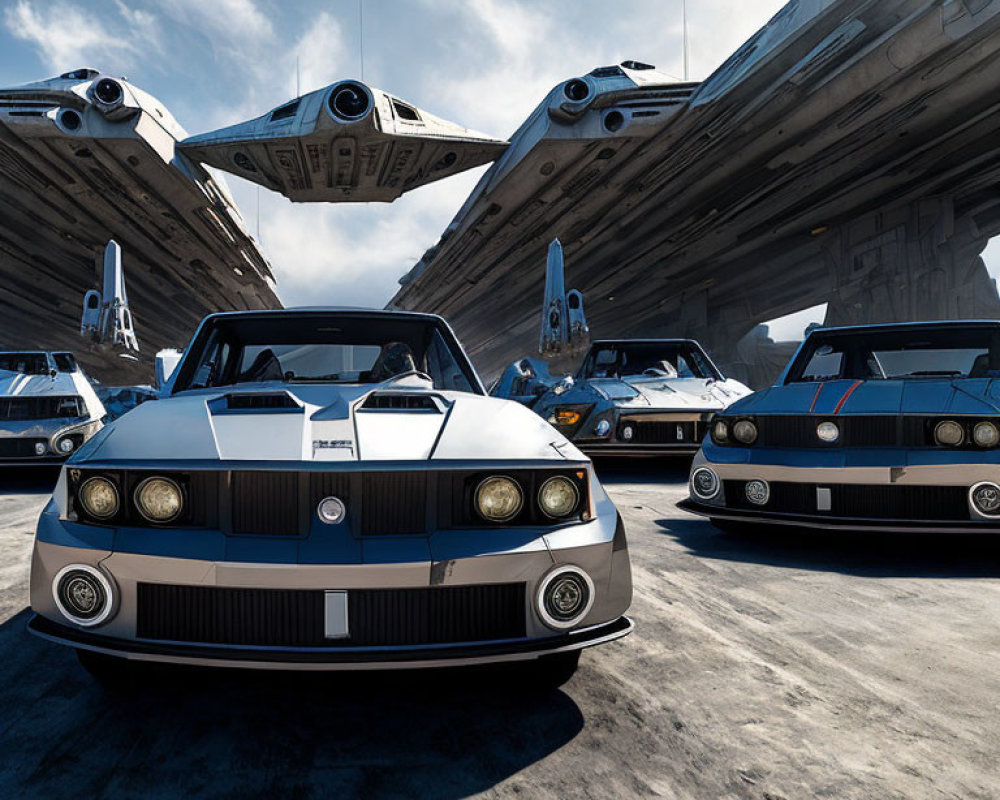 Retro-style cars and futuristic spacecraft in science fiction hangar