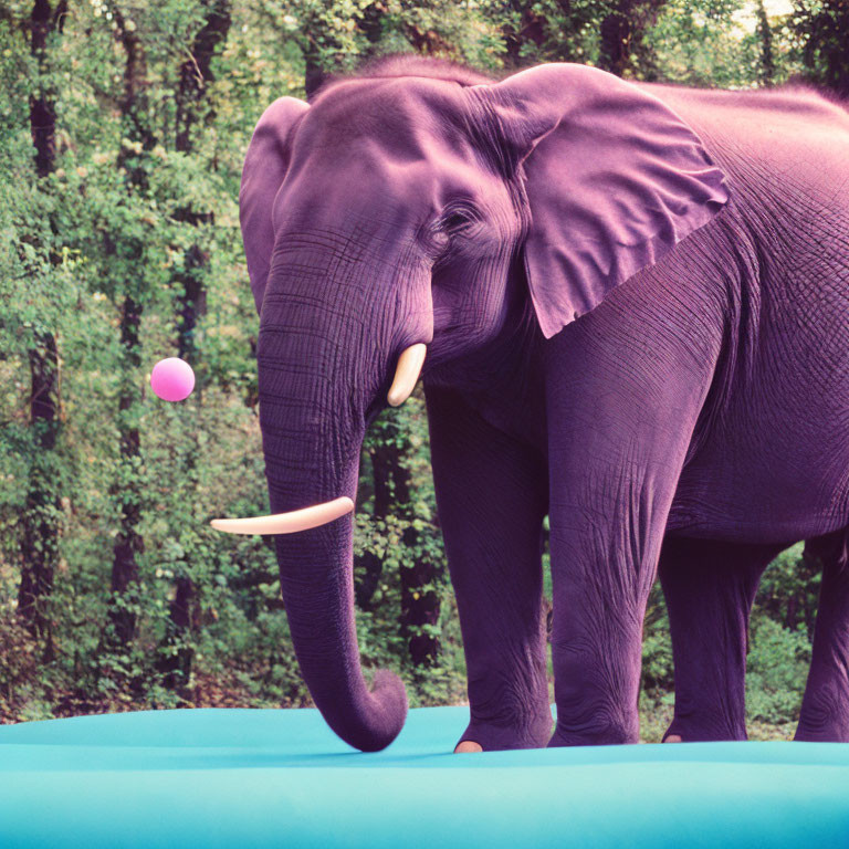 Elephant balancing pink ball on trunk with trees in background