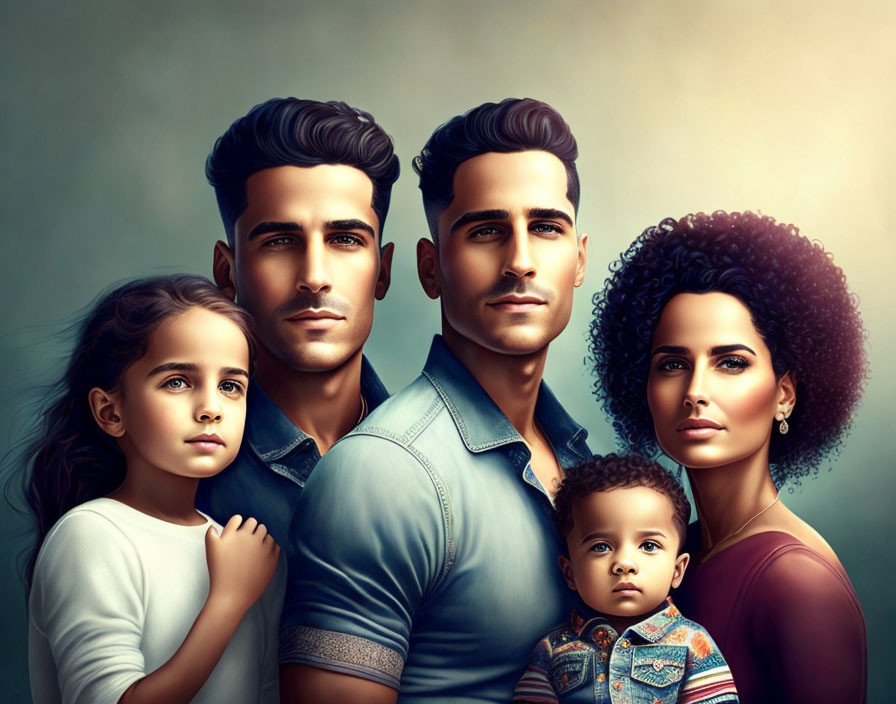 Stylized digital family portrait with smooth skin tones and detailed hair textures