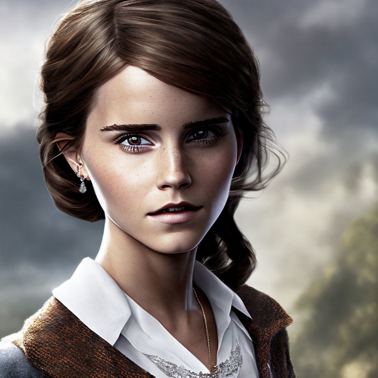 Digital artwork: Young woman with brown eyes in white blouse and brown vest against cloudy sky.