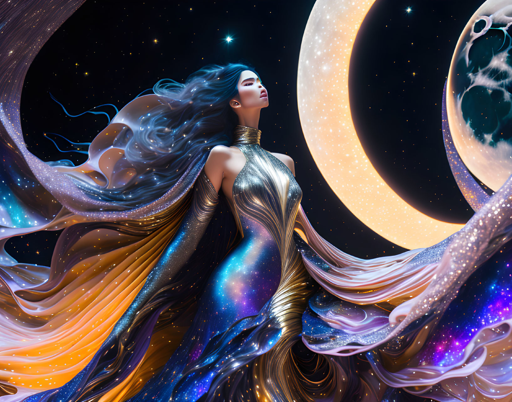 Cosmic-themed woman with flowing hair and star-studded gown before crescent moon