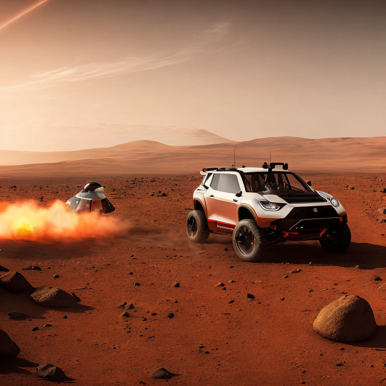 Large-wheeled rover deploys fiery drone on Mars-like terrain