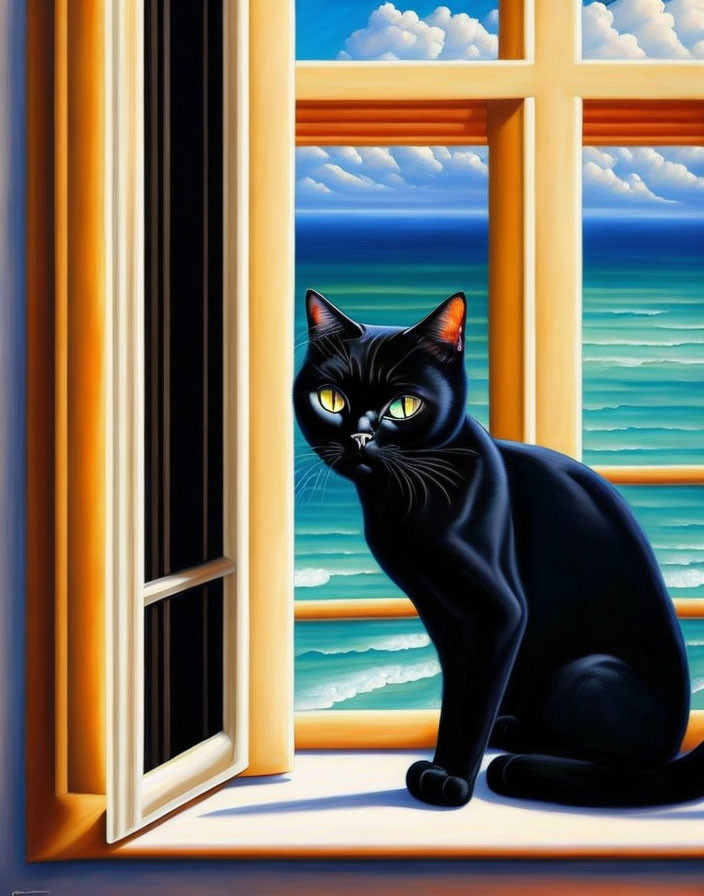 Black cat with yellow eyes by open window overlooking blue sea