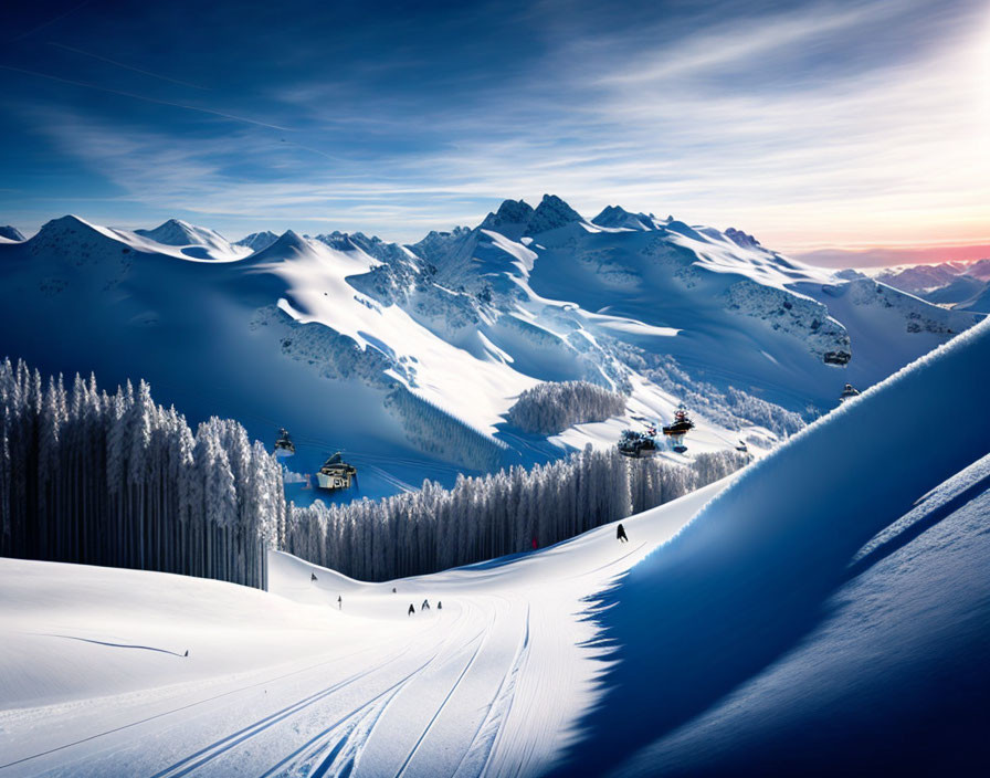 Snow-covered mountains and skiers at ski resort under vibrant sunset.