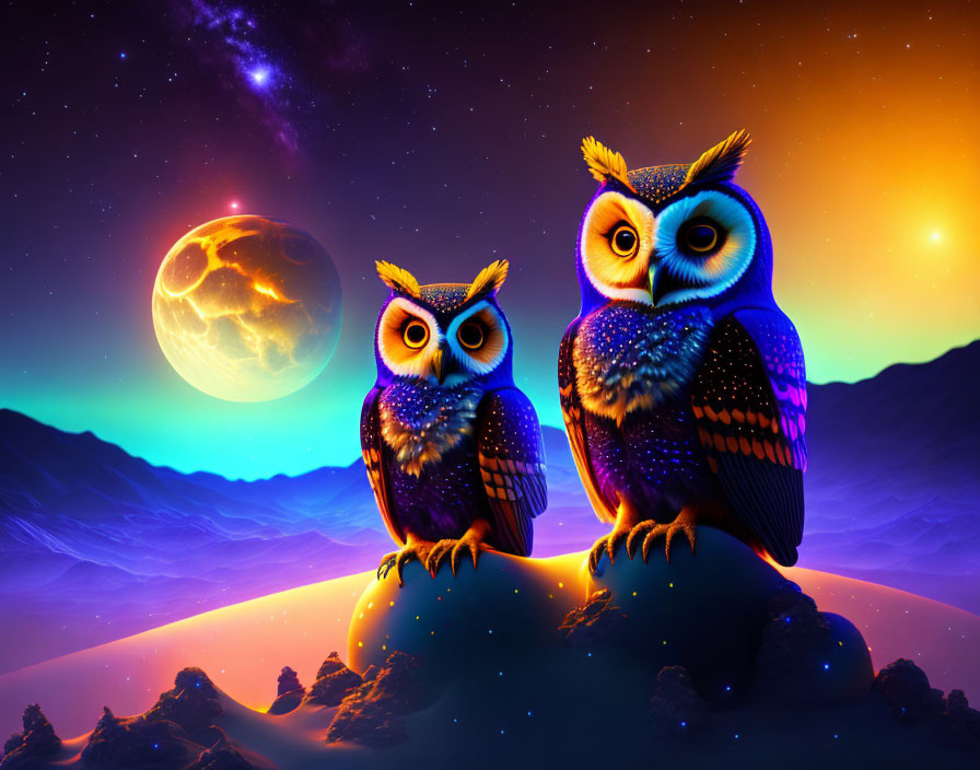 Colorful Stylized Owls on Rock with Galaxy Backdrop