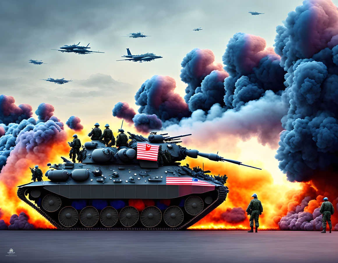 Military scene digital artwork with tank, soldiers, jets, dramatic clouds, explosions