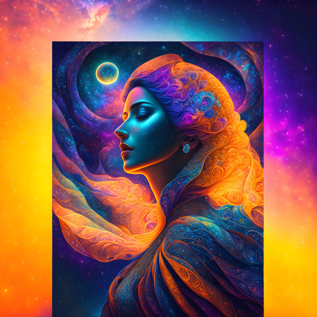 Colorful cosmic woman with flowing hair in starry space scene