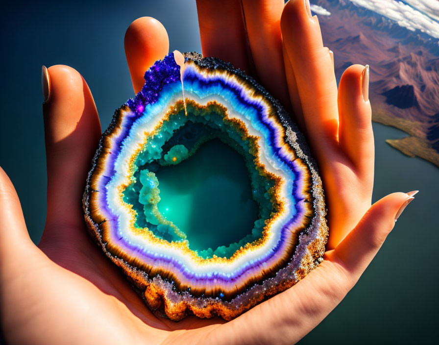 Vibrant geode held above mountainous landscape and water