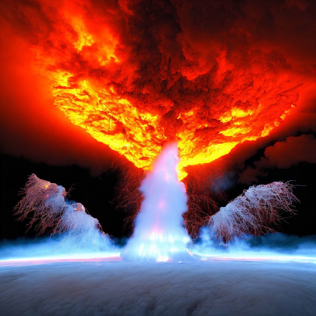 Volcanic eruption at night with fiery lava and ash clouds