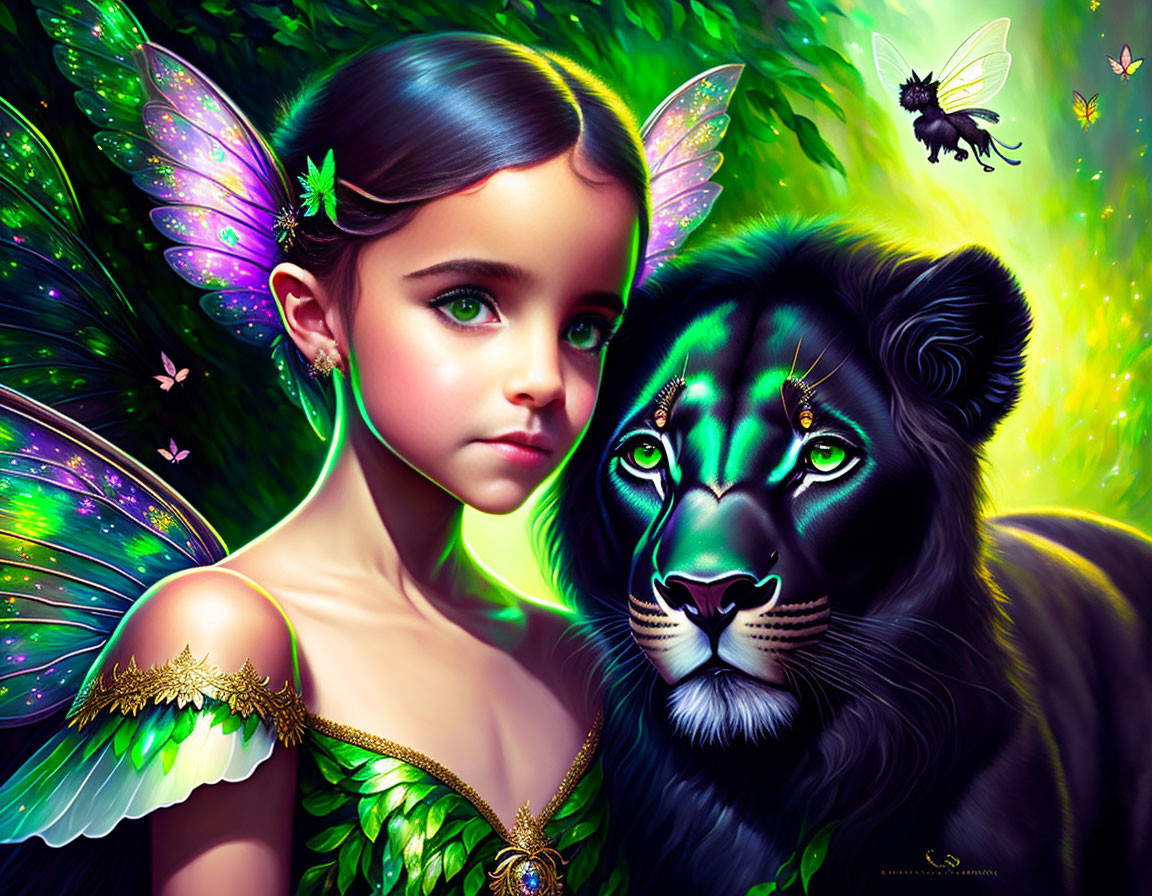 Girl with fairy wings and black panther in mystical forest with butterflies and bee