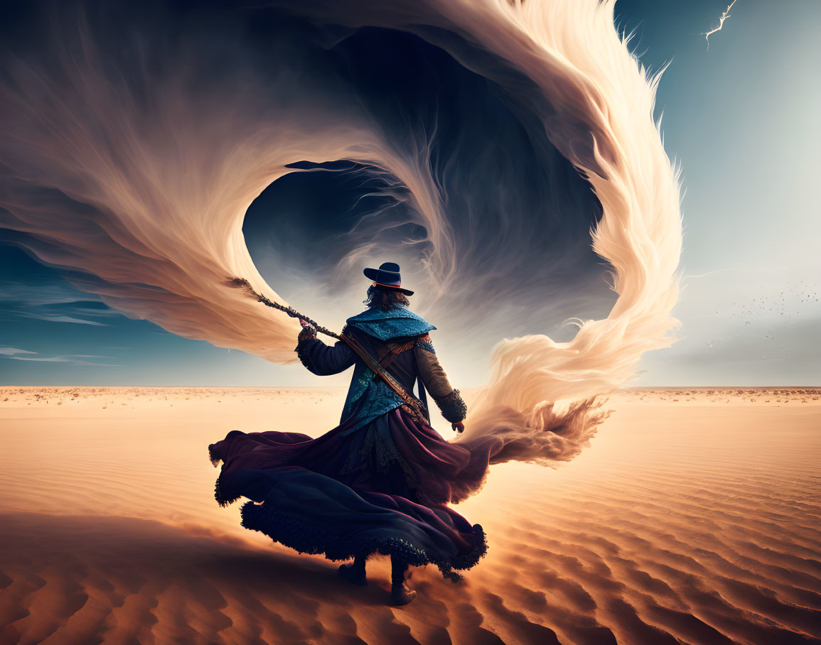 Mysterious figure in cloak and hat confronts desert sandstorm