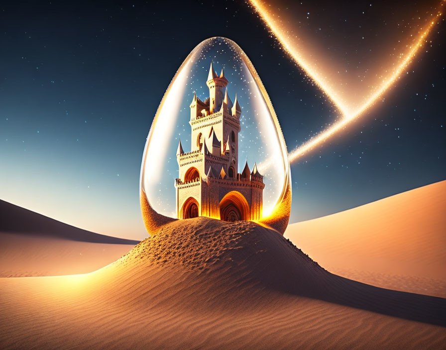 Fantastical castle under transparent dome on sand dune under starry sky.