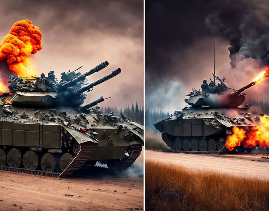 Military tanks in action with firing explosion in dramatic backdrop