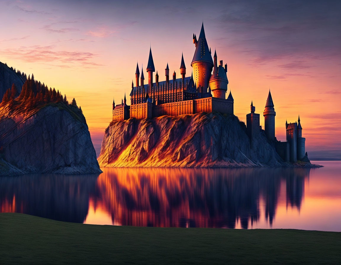 Majestic castle with spires overlooking calm lake at sunset