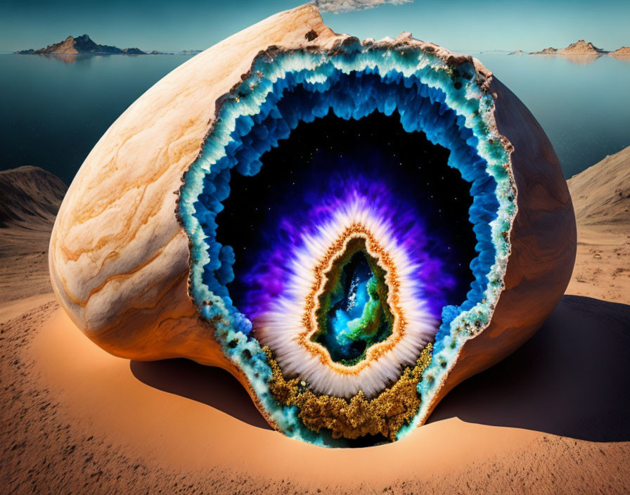 Blue and Purple Geode in Desert Landscape with Mountains and Sand Dunes