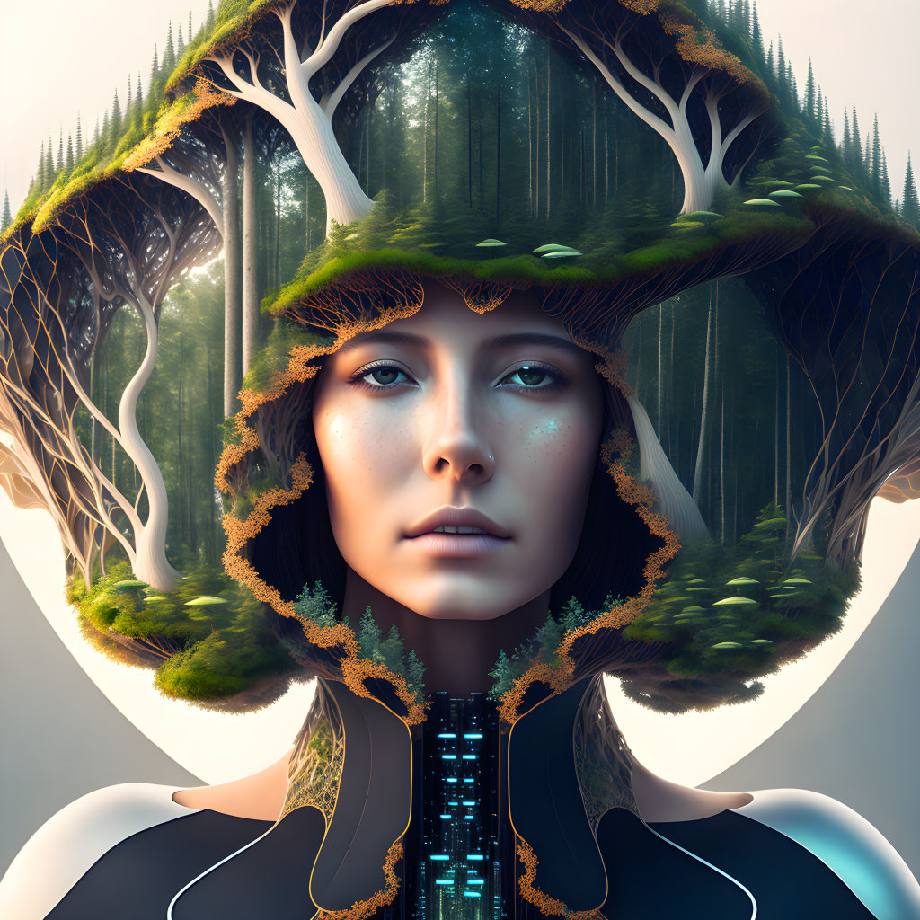 Portrait blending woman's face with forest landscape, trees sprouting from head.