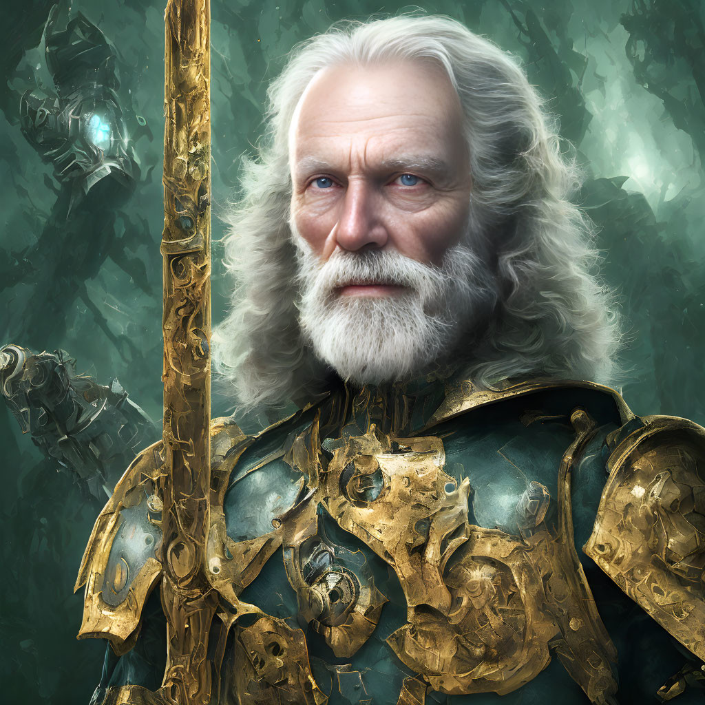 Elder knight in golden armor with white beard and spear in misty green backdrop