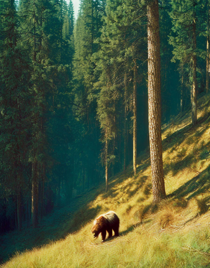 Bear in Sunlit Clearing Surrounded by Pine Trees