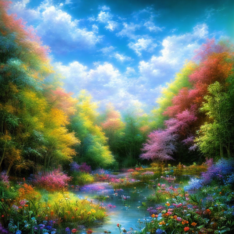 Colorful Trees, Pond, and Whimsical Flora in Vibrant Forest Landscape