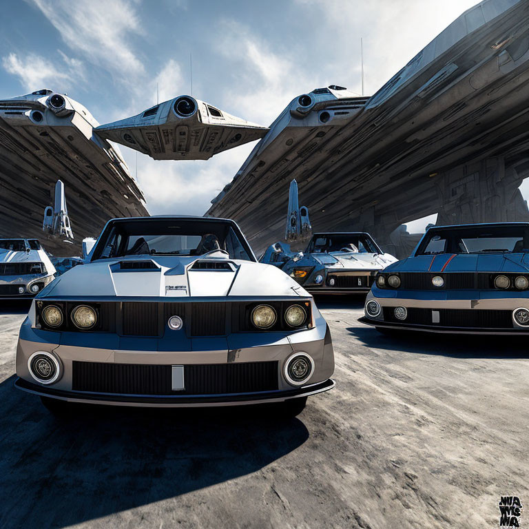 Retro-style cars and futuristic spacecraft in science fiction hangar