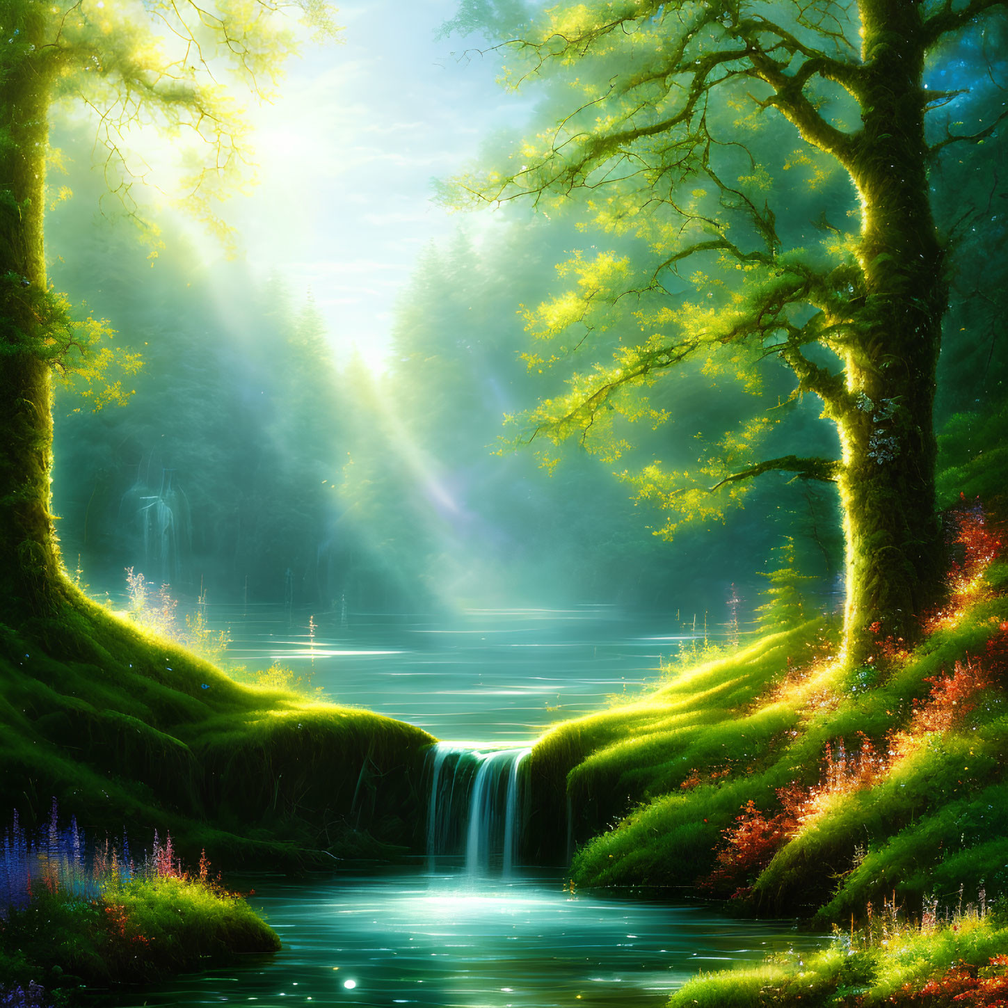 Tranquil forest scene with sunlight, waterfall, river, greenery, and flowers.