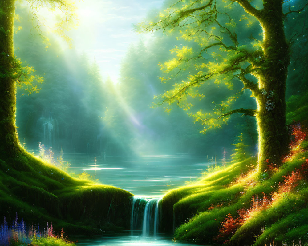 Tranquil forest scene with sunlight, waterfall, river, greenery, and flowers.