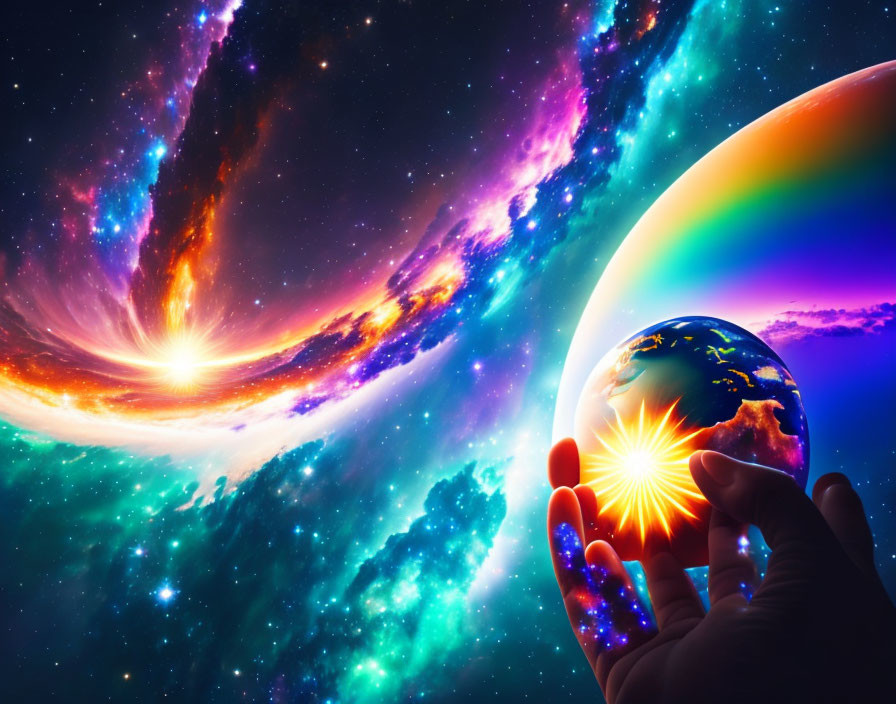 Colorful cosmic scene: Hand holding miniature Earth amidst interstellar clouds