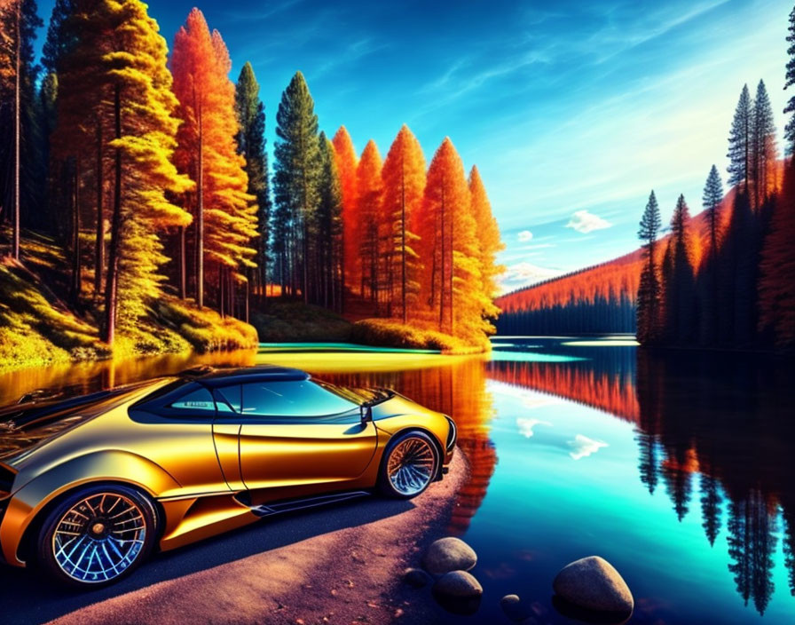 Luxurious Golden Car by Tranquil Lake with Autumn Trees Reflections