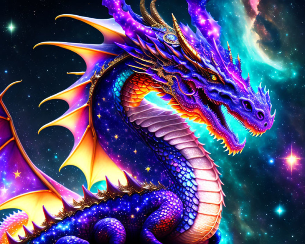 Majestic colorful dragon in cosmic setting