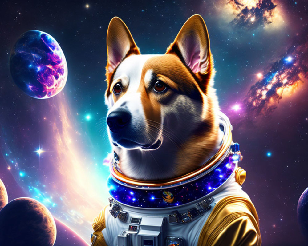 Dog in astronaut suit against colorful space backdrop with planets