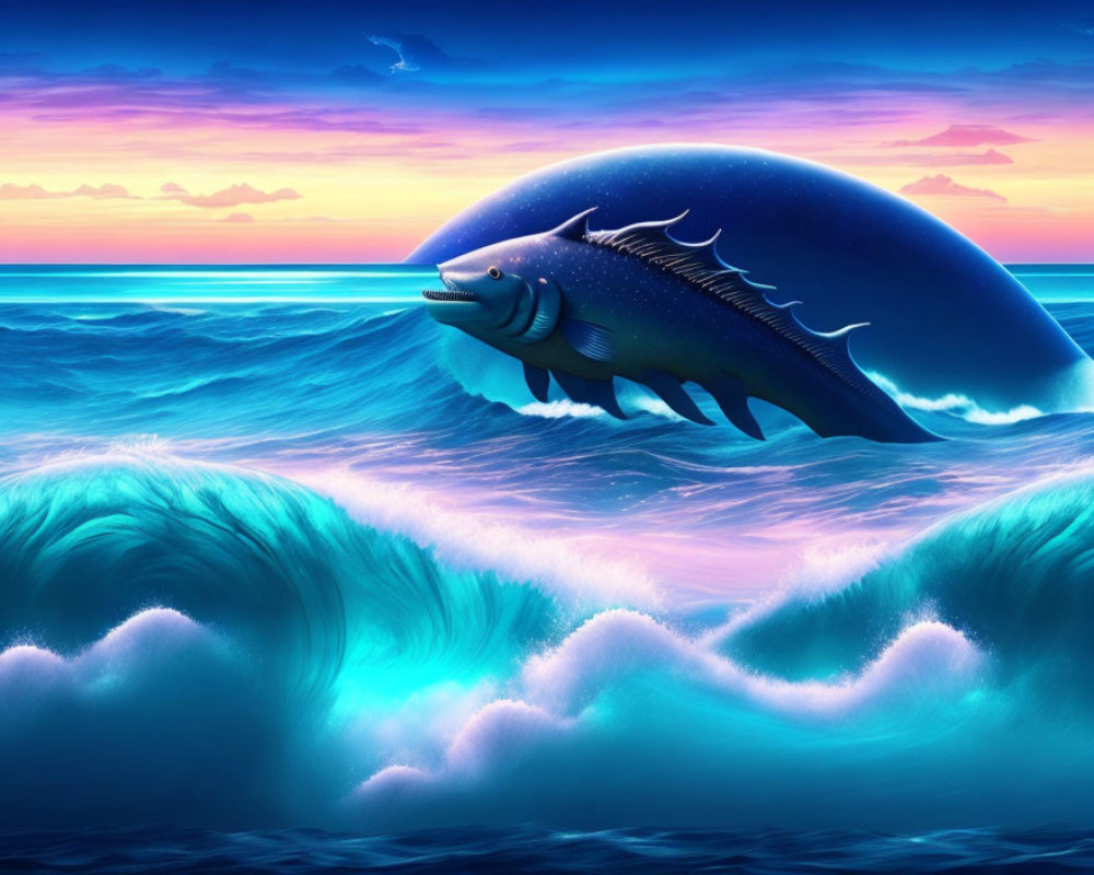 Large Blue Fish Leaping Over Ocean Waves at Sunset