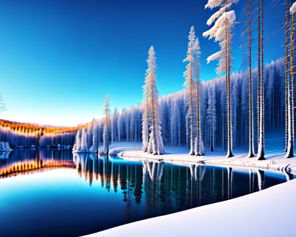 Tranquil winter scene: serene lake, snow-covered trees, glowing sunset