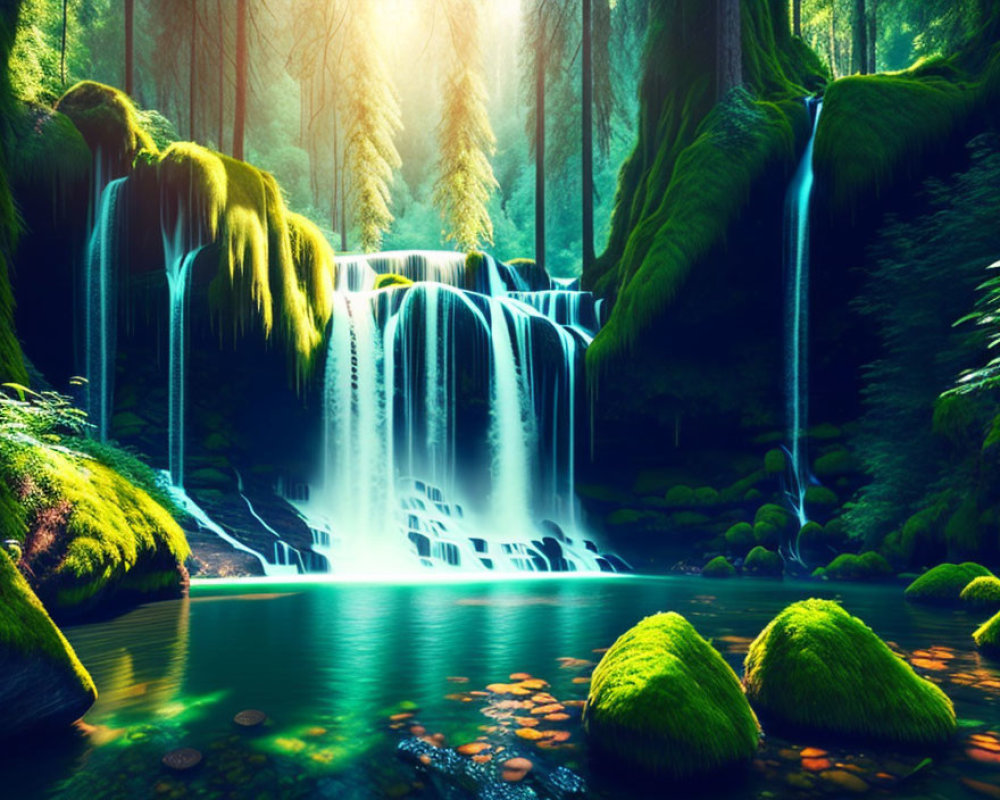 Serene Forest Waterfall with Sunbeams