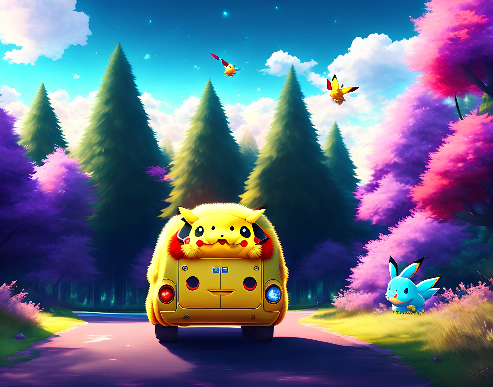 Colorful Pikachu and blue creature in fantasy forest with flying creatures