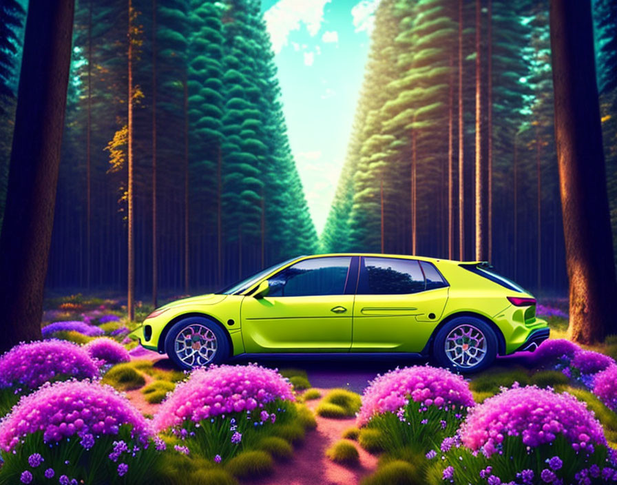 Vibrant green car in forest setting with purple flowers and tall pine trees