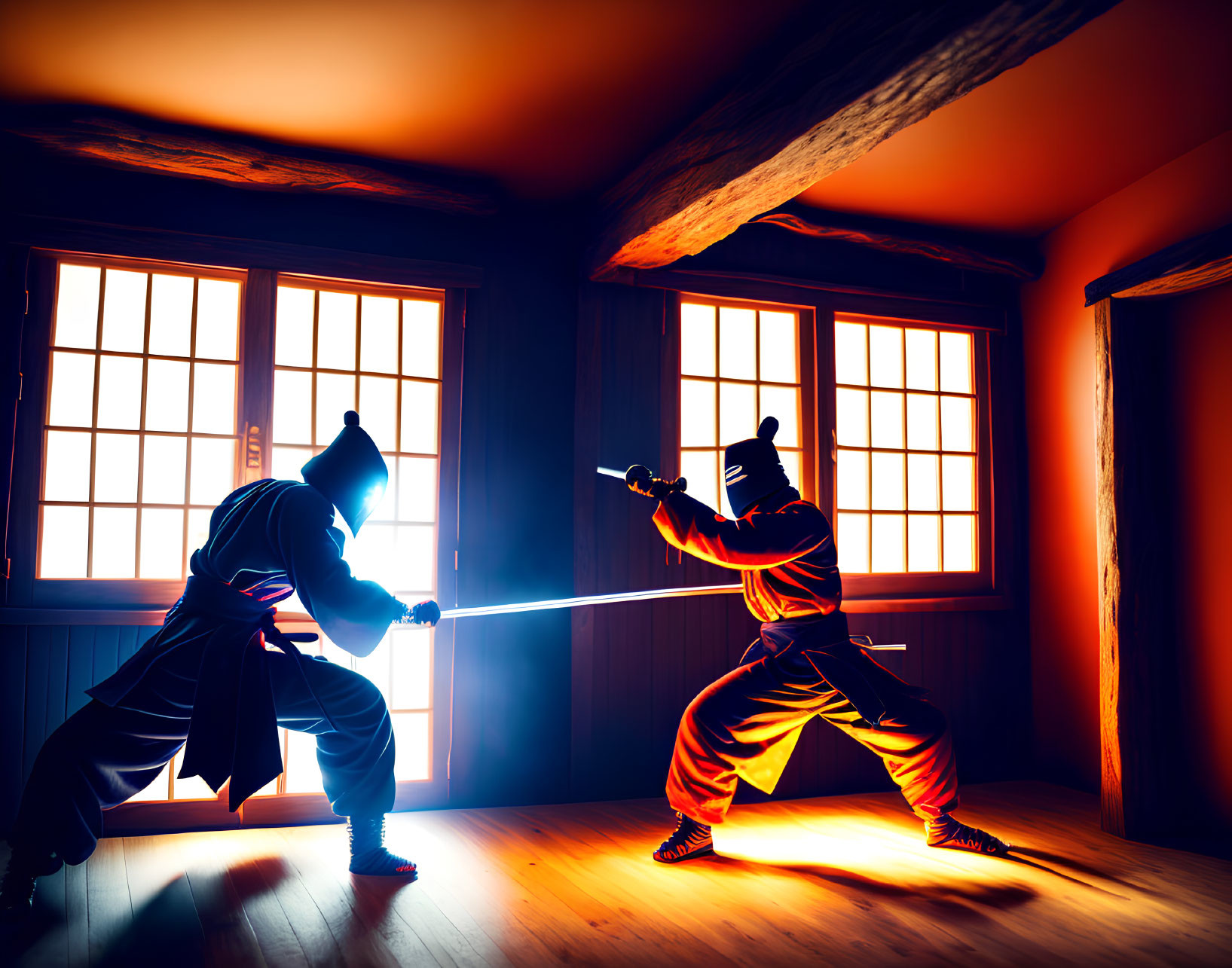 Silhouettes of ninjas in dramatic sword fight in traditional wooden room