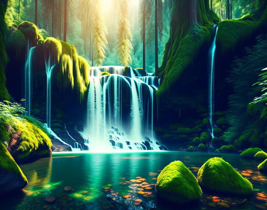 Serene Forest Waterfall with Sunbeams