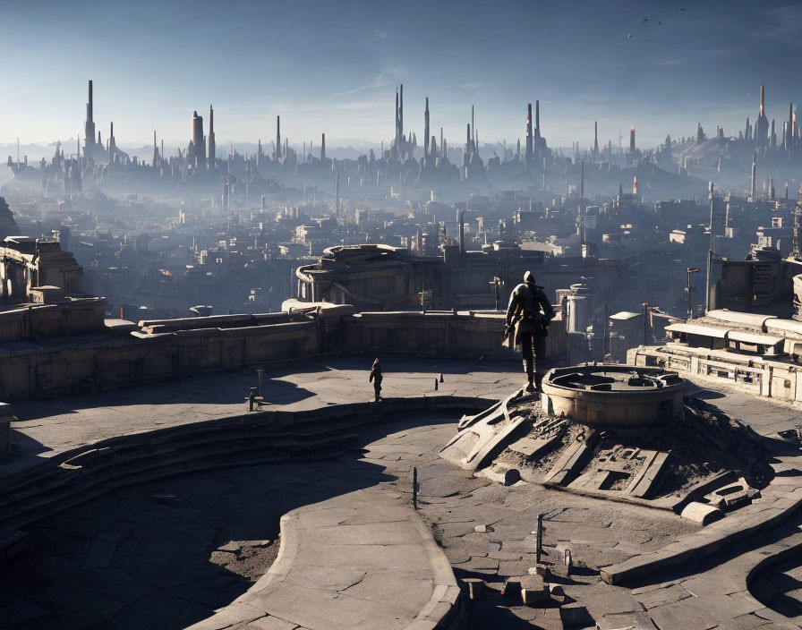 Futuristic cityscape with towering spires and lone figure