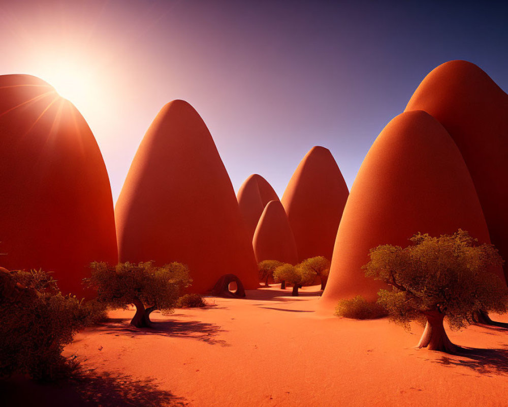 Desert landscape with red rock formations and green shrubs