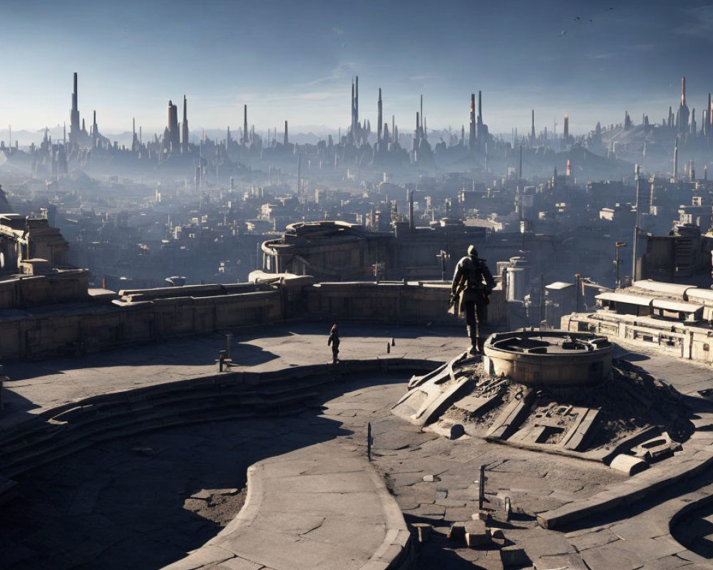 Futuristic cityscape with towering spires and lone figure