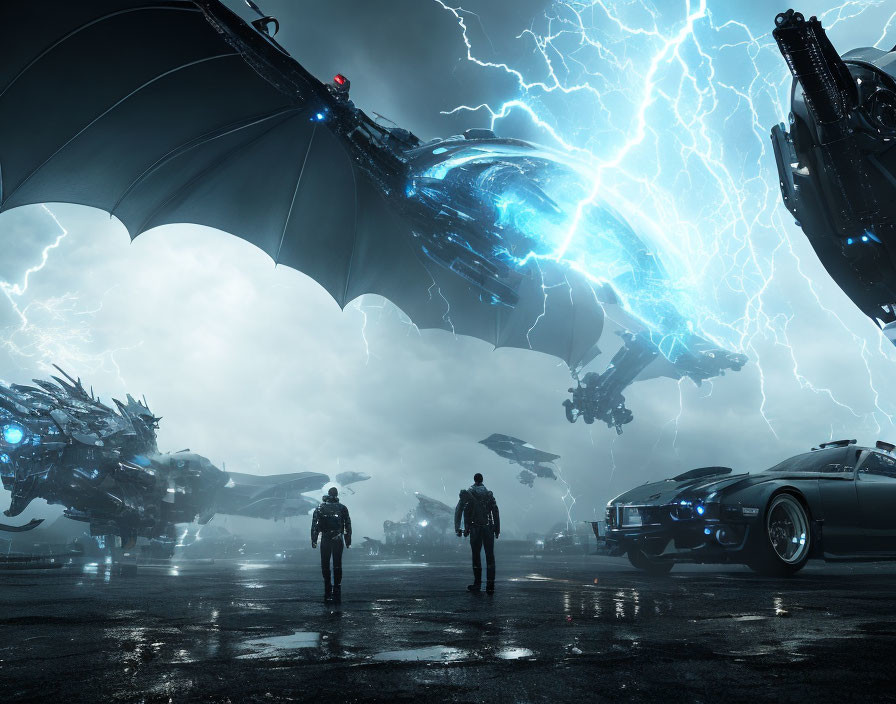 Futuristic scene with figures, vehicles, and robotic creature in stormy sky