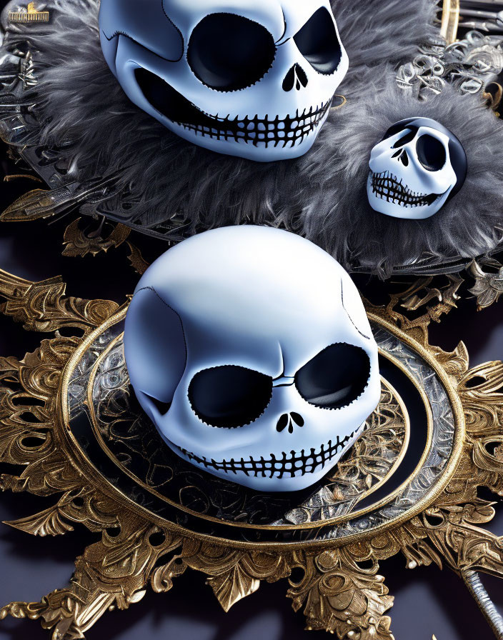 White Skull Masks with Black Detailing on Gold and Black Frame with Dark Feathers