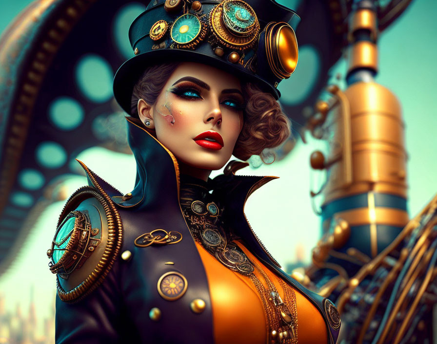 Elaborate Steampunk Attire with Brass Goggles and Leather Jacket