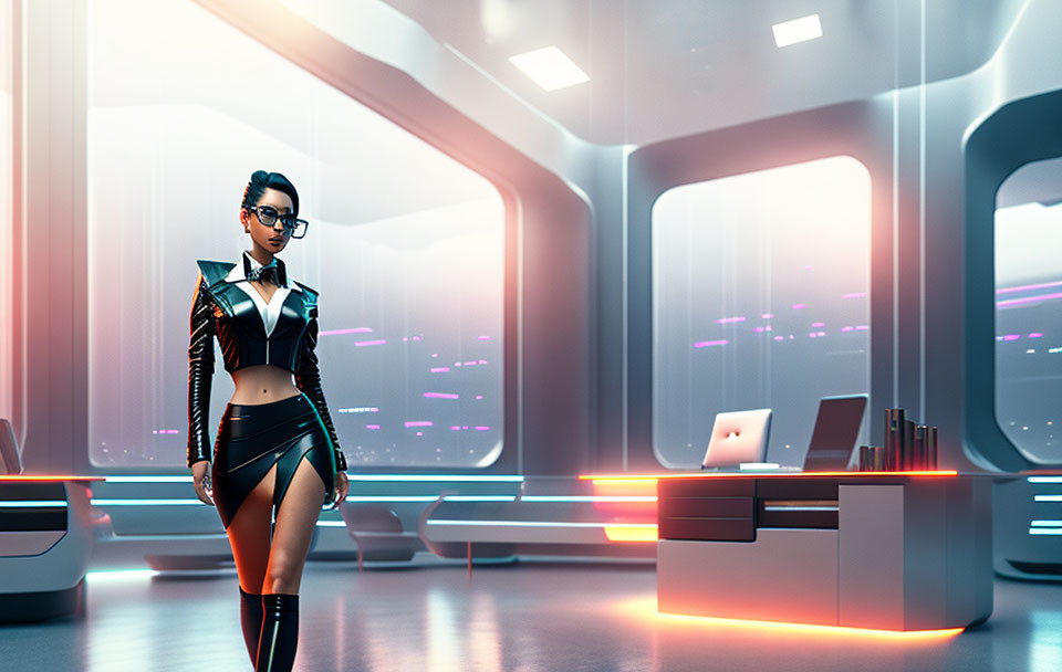 Futuristic female character in modern spaceship interior