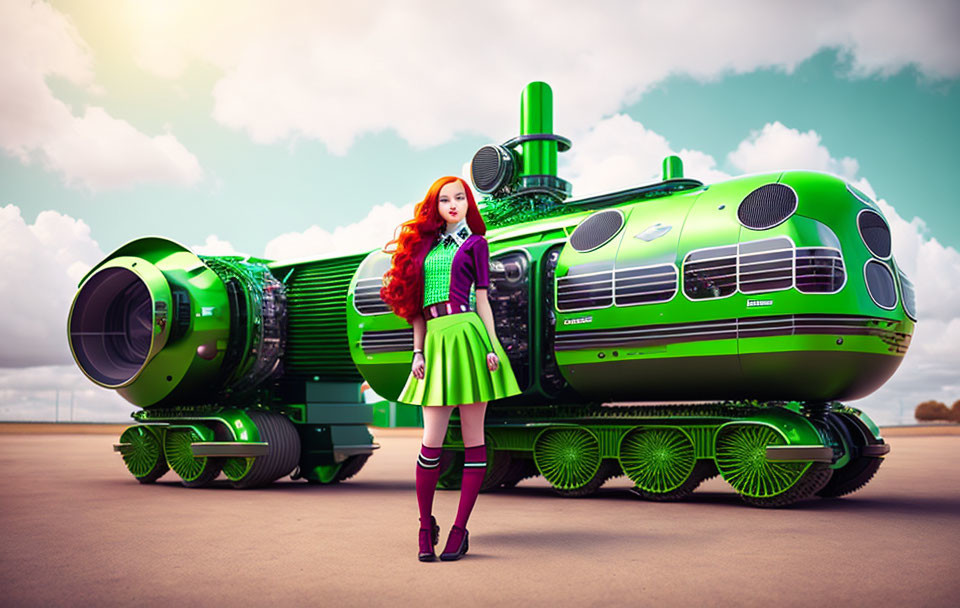 Red-Haired Doll in Green Outfit Beside Futuristic Train Under Cloudy Sky