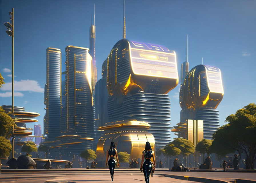 Golden high-rise buildings in futuristic cityscape with wide boulevards and pedestrians, set against lush green