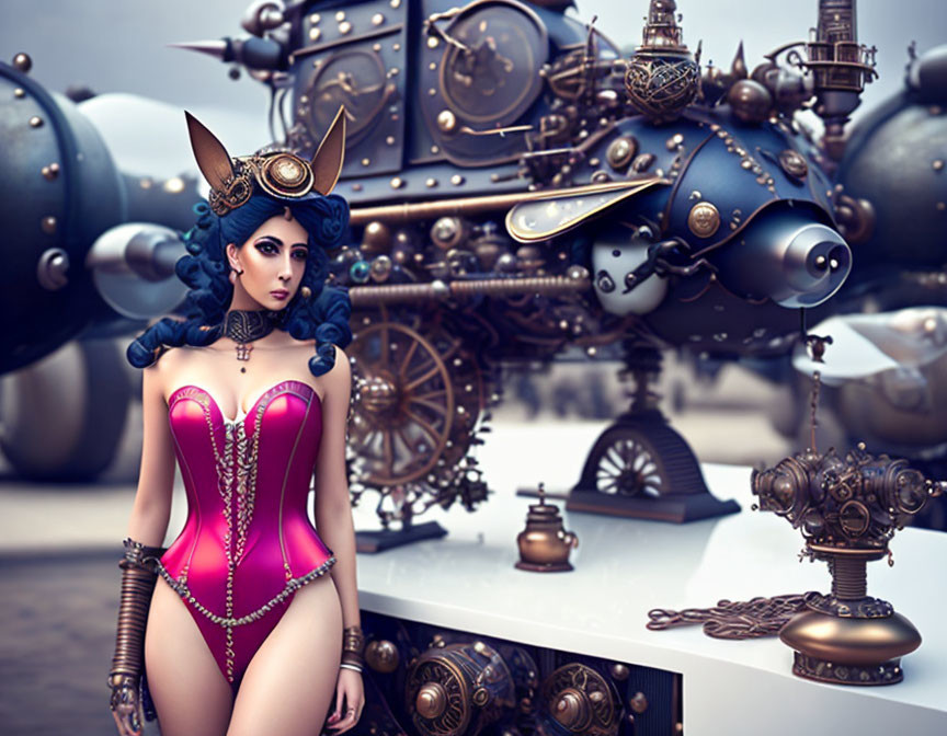 Retro-futuristic woman in steampunk costume with mechanical spheres.